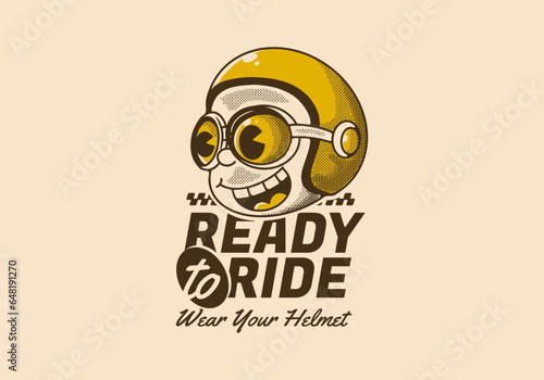 Ready to ride. Wear your helmet. Retro illustration of a boy head wearing helmet