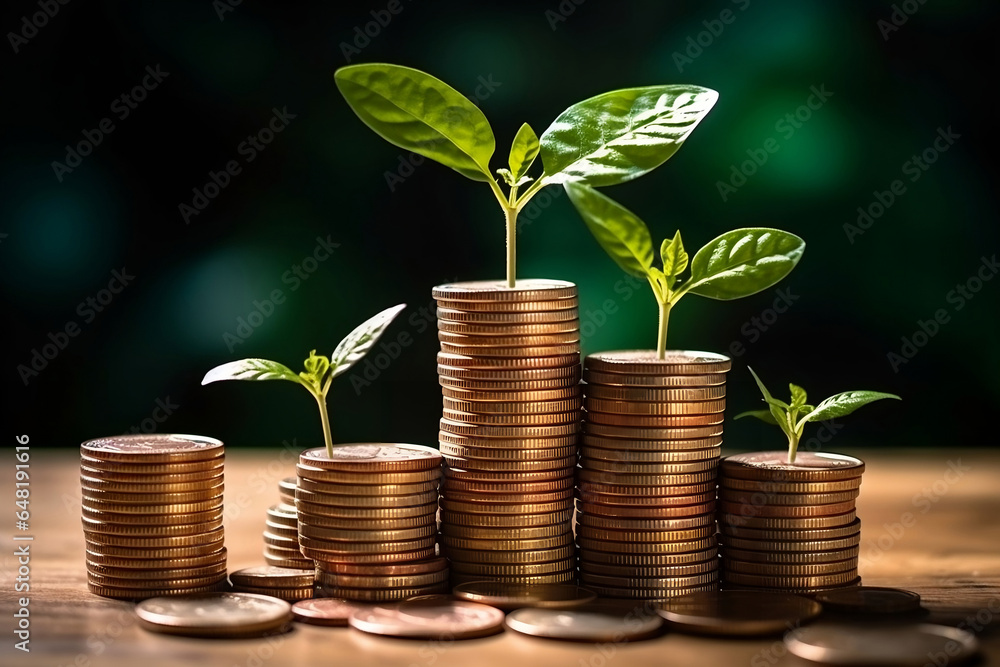 Stacks of coins with tree sprouts on the top, save money for future, growth investing, profit symbol and environmental sustainability concept background. Stacks of coins with tree sprouts on the top, save money for future, growth investing, profit symbol and environmental sustainability concept background.