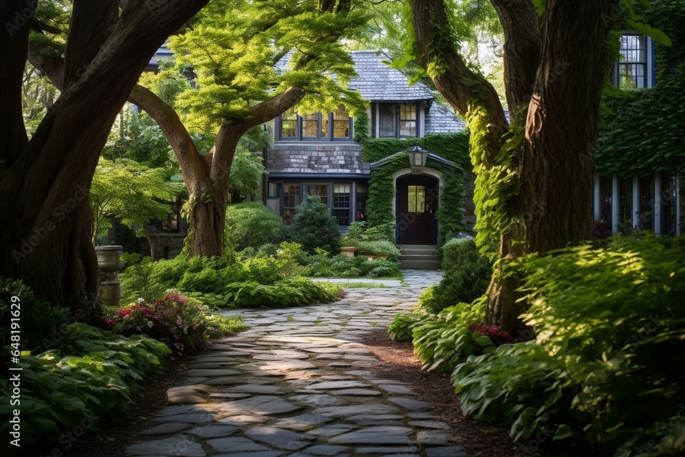 Charming residential path through Greenwich, Connecticut. Generative AI