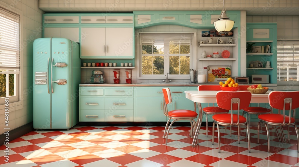 vintage retro kitchen with colorful 1950s - style appliances, checkerboard floors, and retro diner seating - obrazy, fototapety, plakaty 