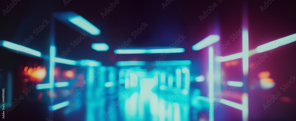 Abstract night lights of a modern futuristic street or an interior of a room or a corridor. Defocused design. Wide scale image created using Generative AI tools. Abstract night lights of a modern futuristic street or an interior of a room or a corridor. Defocused design. Wide scale image created using Generative AI tools.