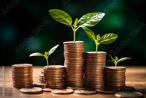 Stacks of coins with tree sprouts on the top, save money for future, growth investing, profit symbol and environmental sustainability concept background.