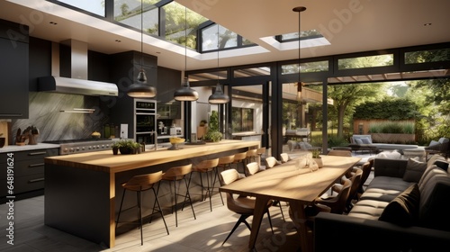 open-concept kitchen with a large kitchen island  pendant lighting  and semaless indoor  16 9