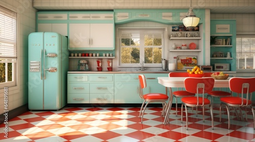 vintage retro kitchen with colorful 1950s - style appliances, checkerboard floors, and retro diner seating