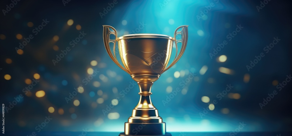 Gold trophy cup on blue abstract background - obrazy, fototapety, plakaty 