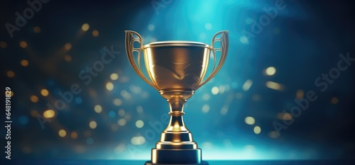 Gold trophy cup on blue abstract background