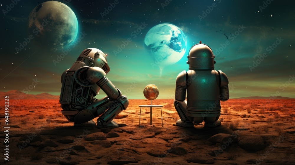 Two robots sitting on a futuristic landscape viewing the space and planets - obrazy, fototapety, plakaty 