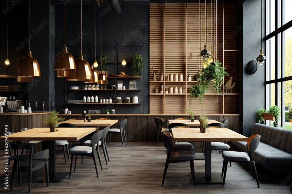 Café interior with wood and dark gray walls. Generative AI