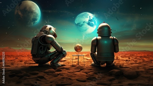 Two robots sitting on a futuristic landscape viewing the space and planets