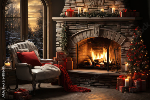 Cozy Fireplace. Living room with a crackling fireplace adorned with stockings and holiday decor  creating a warm and inviting Christmas atmosphere. Generative AI.