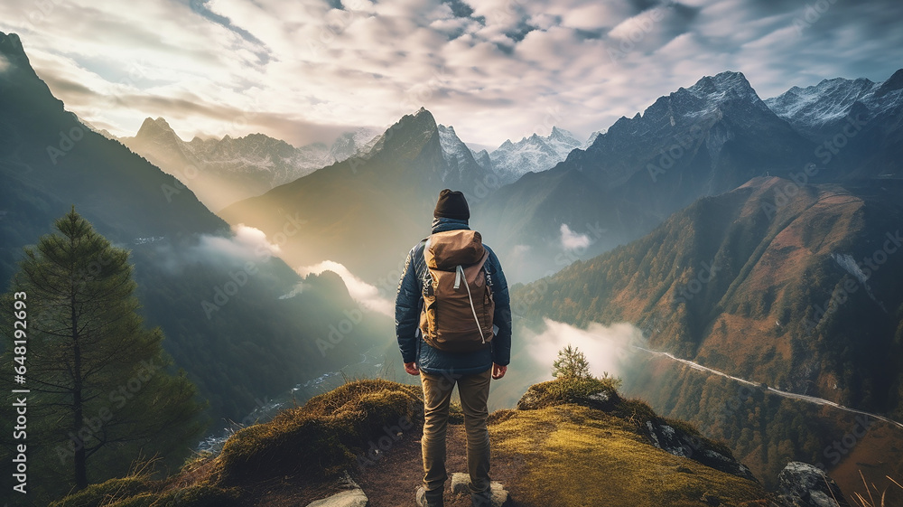 A man stands on on top of the mountain looking at beautiful view.