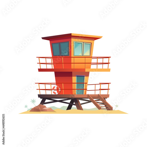 Summer lifeguard house on the sandy beach. Isolated on white background. Cartoon vector illustration