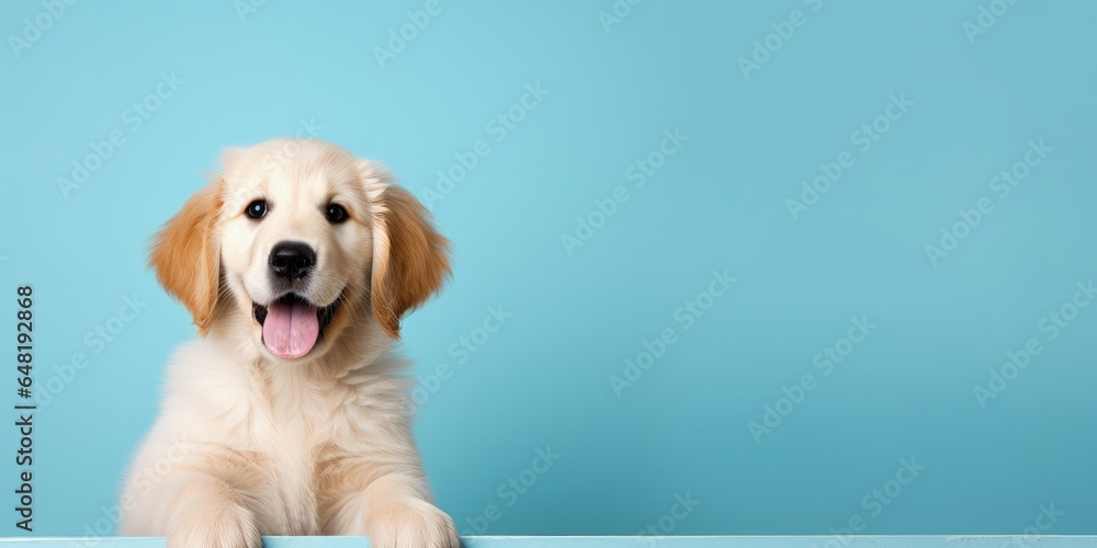 Portrait of a happy goldne retriever dog puppy on a light blue background with space for text - obrazy, fototapety, plakaty 