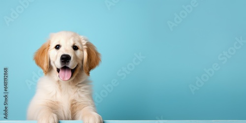 Portrait of a happy goldne retriever dog puppy on a light blue background with space for text