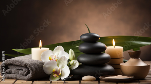 Flowers, stones, candles, bamboo for creating a relaxing spa atmosphere.