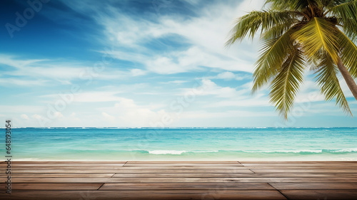 Summer tropical sea with waves  palm leaves and blue sky with clouds with empty wooden table