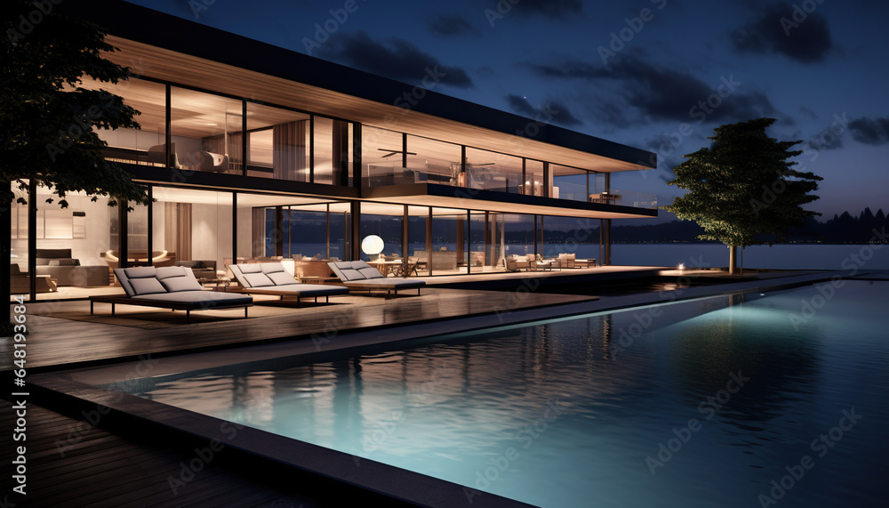 modern illuminated house or villa with swimming pool at night, luxury and contemporary building and architecture, generative AI