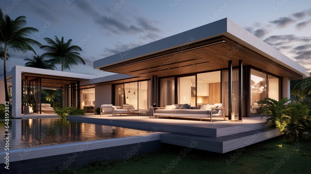 modern illuminated house or villa with swimming pool at night, luxury and contemporary building and architecture, generative AI modern illuminated house or villa with swimming pool at night, luxury and contemporary building and architecture, generative AI