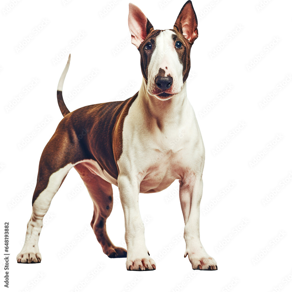 red and white dog bull terrier looking at the camera - obrazy, fototapety, plakaty 
