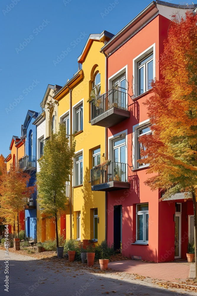 modern colorful townhouses at cozy district, contemporary residential street with colored house, generative AI