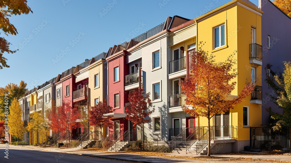 Naklejka premium modern colorful townhouses at cozy district, contemporary residential street with colored house, generative AI