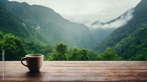coffee cup on empty wooden table with mountain view in the morning.