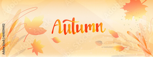 Orange horizontal modern background with abstract shapes, lines, tropical plants, leaves.