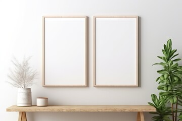 Empty white picture with wooden frame, picture mockup