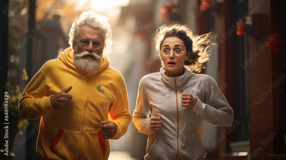 A man and a woman jogging down a street
