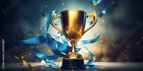 Gold trophy cup on blue abstract background photo