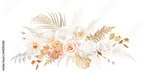 Gold, blush, beige, white rose, peony, dahlia, ranunculus, hydrangea flower, pampas grass