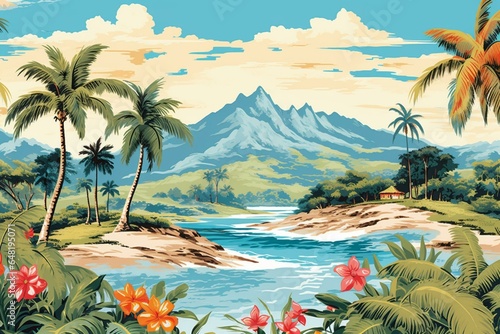 Vintage Hawaiian print with tropical island scenes on blue background. Seamless repeat pattern. Generative AI