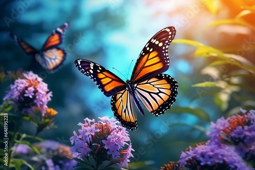 Butterfly on flower in summer background. Monarch butterflies in blooming landscape. Generative AI
