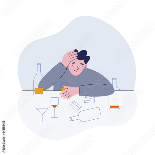 Drunk man with alcohol addiction sitting at the table with empty bottles and glasses. Flat style vector illustration od mental disorder.