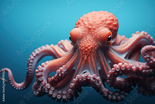Sea life macro concept. orange octopus on blue background. copy space. exotic food photo