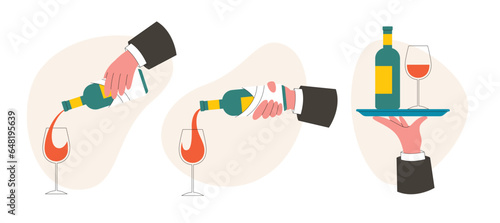 Waiter pours wine into a wineglass. Waiter's hand holds a tray with a bottle of wine and a wineglass. Vector illustration