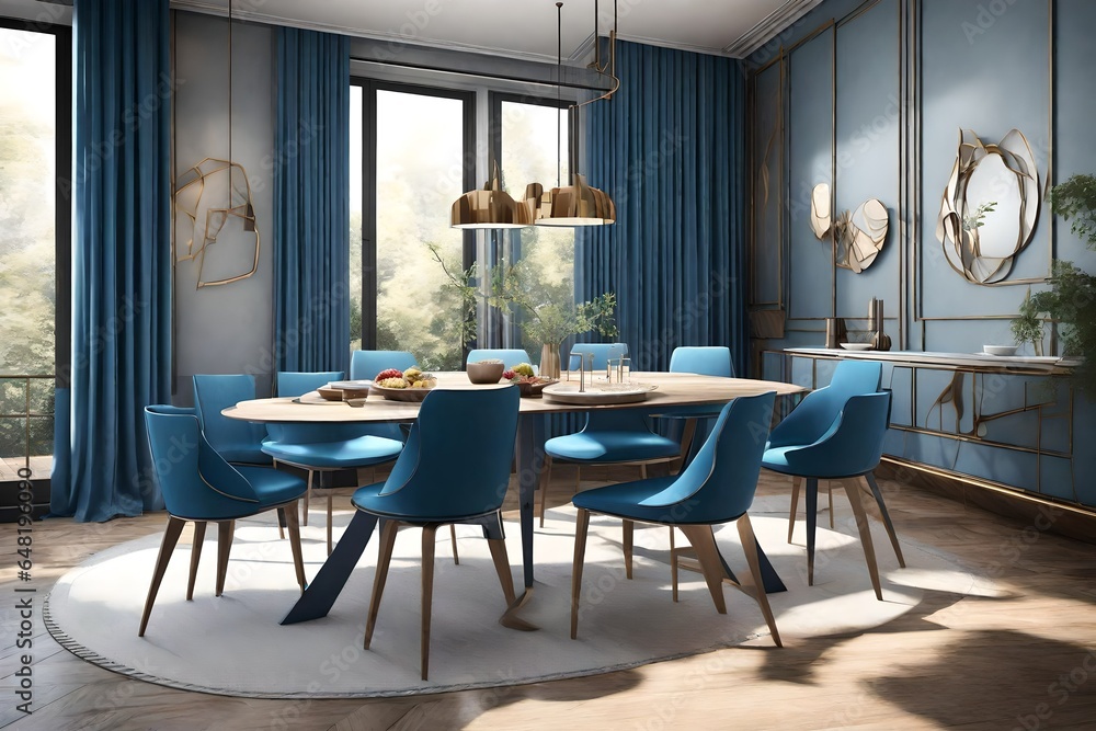  3d rendering Interior design of dining room with a blue table and chairs.