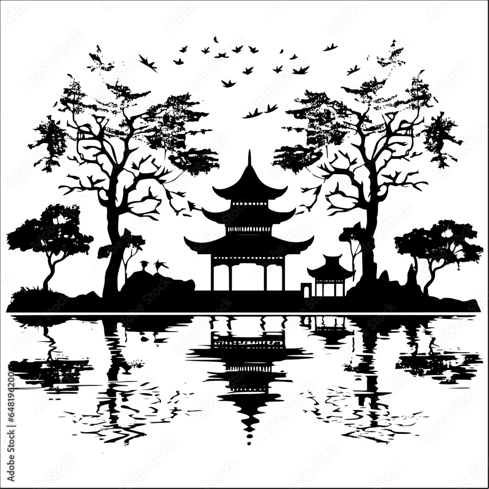 Obraz premium Zen meditation garden silhouette isolated on black 