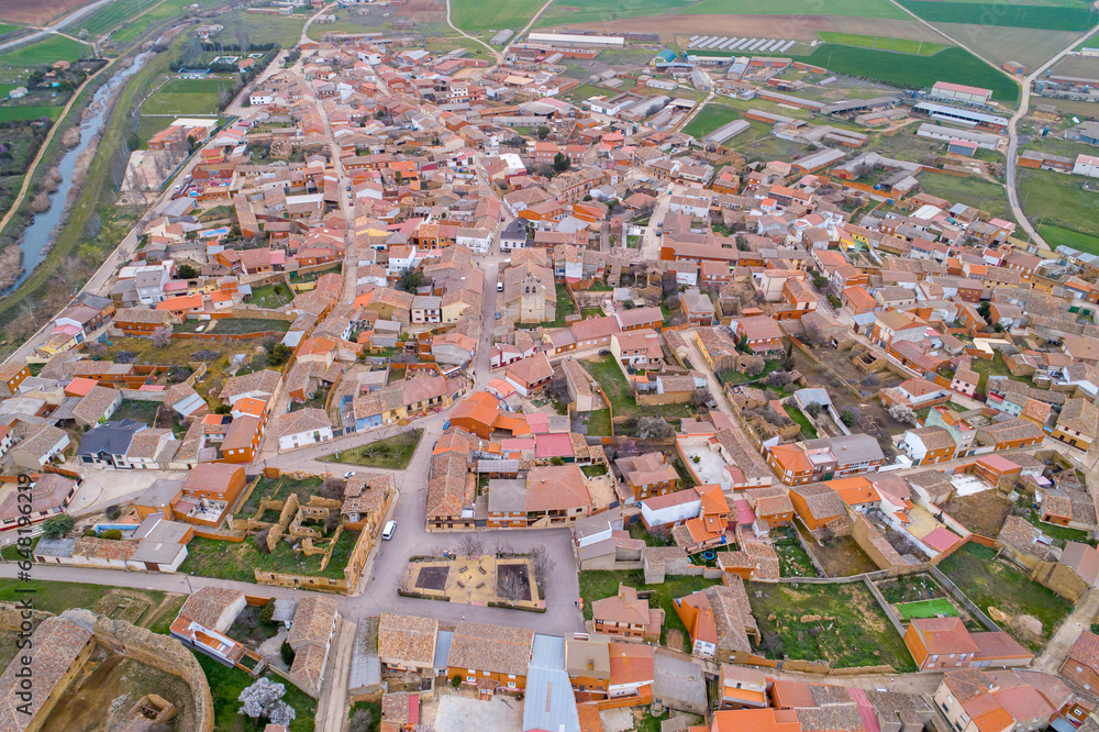 Aerial drone view of the town of San Pedro de Latarce, Valladolid. Spain