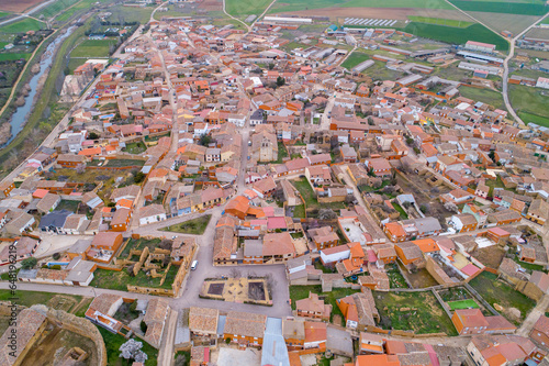 Aerial drone view of the town of San Pedro de Latarce, Valladolid. Spain © VicVaz