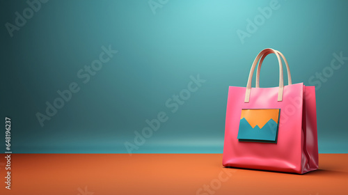 Empty pink shopping bag on the blue background, copy space text, Design creative concept for sale event photo