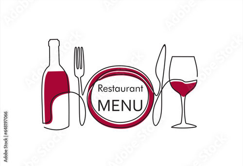 Continuous one line drawing of plate, fork, knife, bottle of wine and glass. Menu food design. Vector illustration.