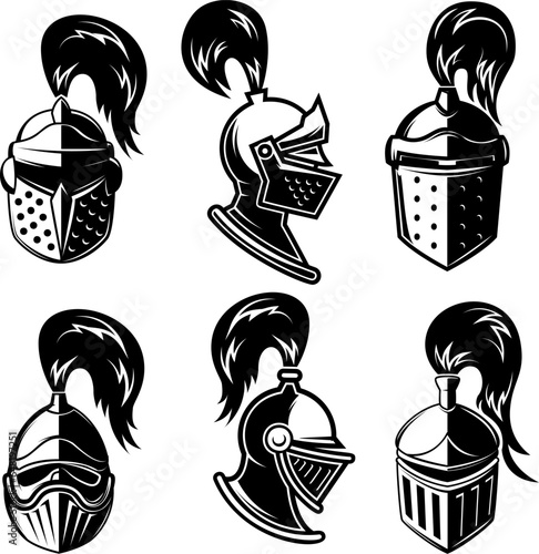 Set of black and white illustration of knight helmet. Warrior helmet. Design element