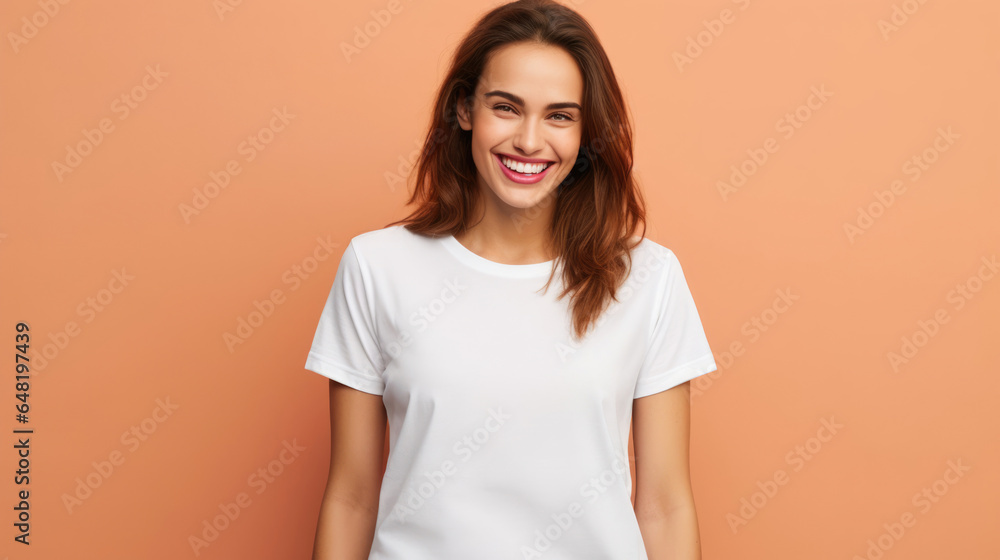 Obraz premium Smile Young Woman fit in Frame wearing bella canvas white shirt mockup, isolated color background