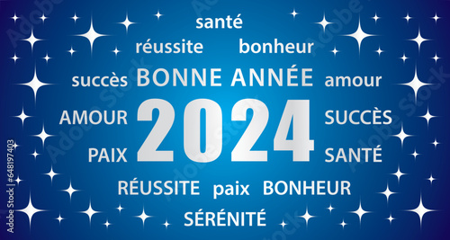 Bonne année 2024 ! Carte de vœux en français. Bannière vectorielle bleue et argent.