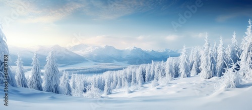 Scenic snowy mountain forest Happy holidays