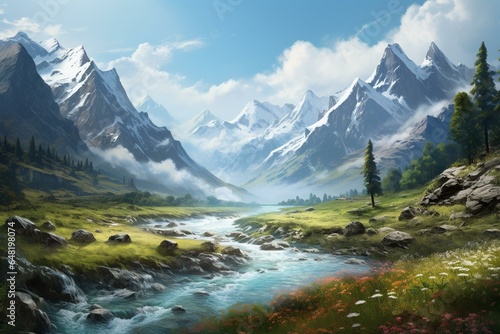Scenic artwork portraying fields, valleys, mountains, and rivers with a touch of fantasy. Generative AI © Clio