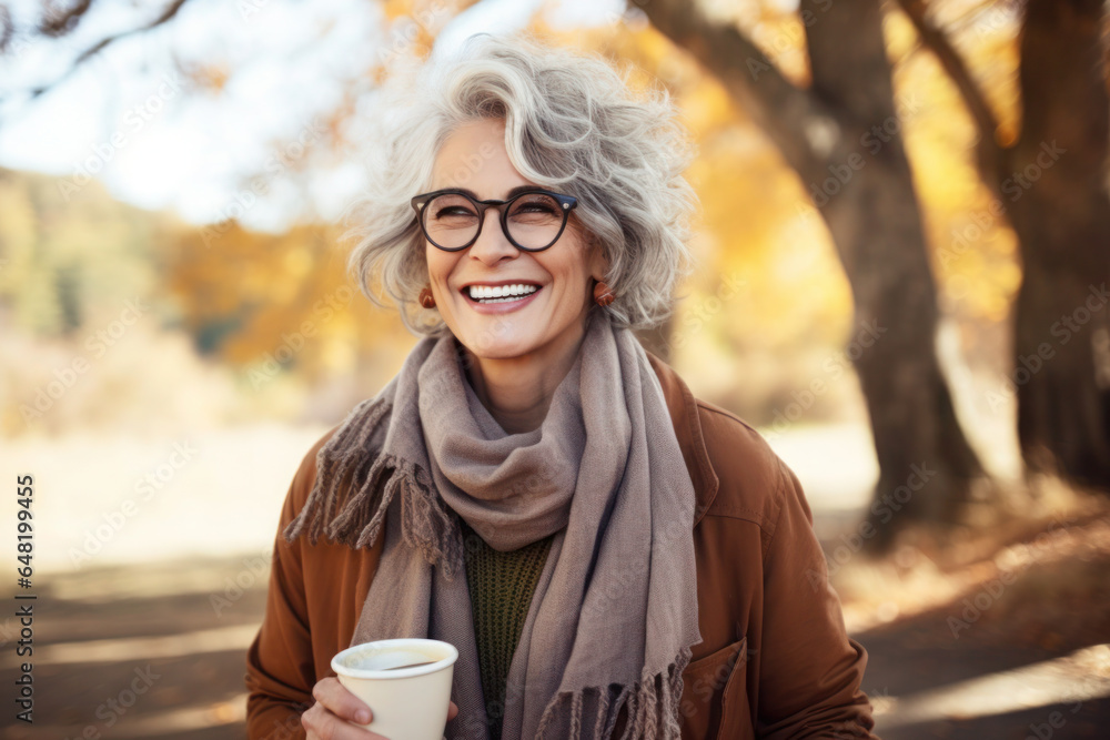 Portrait of middle aged woman with coffee to go outdoors Portrait of middle aged woman with coffee to go outdoors