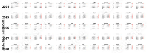 Kalender 2024 - 2028, Wochenstart Montag, Monate vertikal, minimalistisches Design