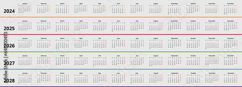 Kalender 2024 - 2028, Wochenstart Montag, farbenfrohes modernes Design mit vertikalen Jahren